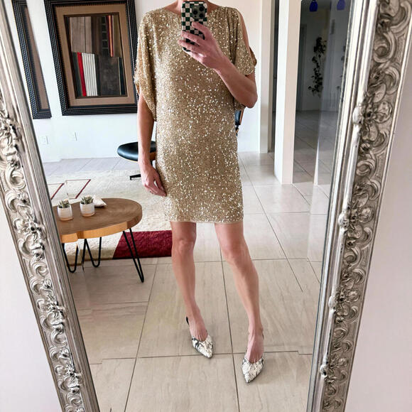 Stunning Cache Sequined Golden Mini Dress - Size 4 - Picture 2 of 9